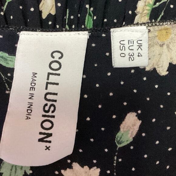 Asos Collusion Black Floral Dotted Long Sleeve Sweetheart Smocked Mini Dress 0 - Picture 4 of 5